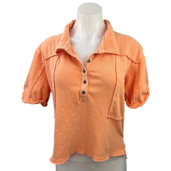 Free People Orange Cotton Collared Short Sleeve Boxy Crop Polo Shirt Top Size L - Picture 1 of 4